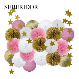 Kinderen Doop Decoratie Goud Roze Witte Set Gemengde Maat Hangend Papier Ambachten Graduation Event Ceremony Party Favor Paper Lanterns 211018