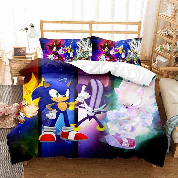 Juego de cama para niños, funda nórdica Sonic, tamaño estadounidense/Europa/Reino Unido, edredón de dibujos animados de microfibra de 3 piezas con 2 fundas de almohada