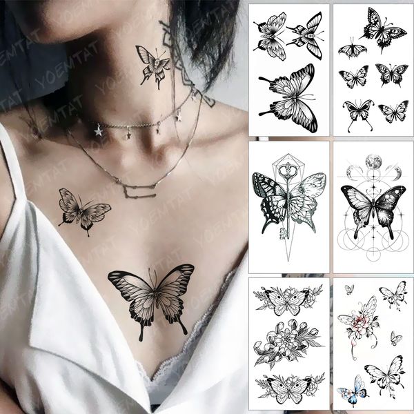 Enfants noir papillon fleur petit frais étanche temporaire tatouage autocollant Sexy Tatoo poitrine cou pour femmes hommes Art faux tatouages