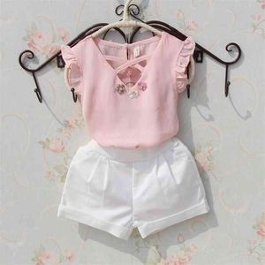 Camicetta per bambini estate Camicie per ragazze grandi adolescenti Camicette bianche in chiffon Flower Design Top Baby Fashion Girl Clothes 210622