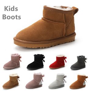 Botas para niños sobre la rodilla Niños Clásico Mini Media bota de nieve Invierno Bowknot Lleno Mullido peludo Satén Tobillo Preescolar Enfant Niño Niño Niña Niño Tod Botines 22-35