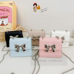 Mini sacs à main carrés avec nœuds pour enfants, sac à bandoulière simple avec chaîne de perles métalliques pour filles, sacs en cuir PU Z7170