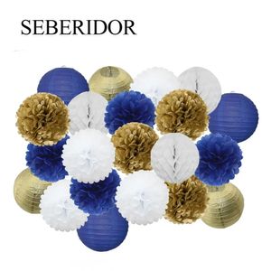 Kids Boy Communion Party Favor Gold Navy Blue Set Folding Round Round Paper Ball Lantern Girl Doop 1st Birthday Wedding Diy Pompom 240127