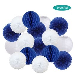 Kinderjongen Comunion Party Favor Round Paper Lantern White Baby Doop Diy Navy Blue Tissue Pompom Wedding Valentine Decor 220527