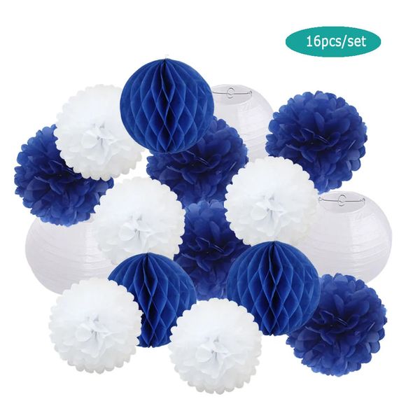 Enfants Garçon Comunion Party Favor Ronde Lanterne En Papier Blanc Bébé Baptême DIY Bleu Marine Tissu Pompon De Mariage Valentine Décor 240127