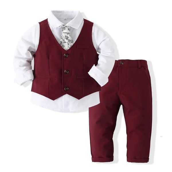 Conjunto de ropa para niños y caballeros, camisa con lazo de manga larga, chaleco, pantalones, trajes formales para niños pequeños, trajes de vestido de fiesta de boda 240318