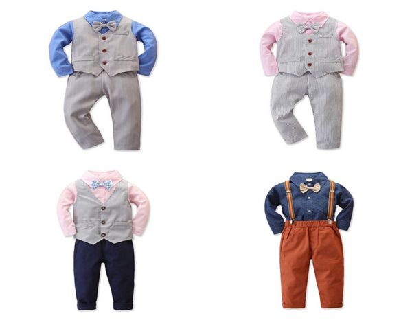 Trajes de camisa para niños, pajarita de punto sólido a rayas, camisa con cuello vuelto, pantalones, chaleco, conjunto de tres piezas, ropa informal para niños, ropa para niños Clo8499326