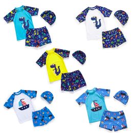 Enfants Garçon Maillots De Bain Toddler Garçons Dinosaure Tops Maillot De Bain Chapeau 3 PCS Ensembles Crème Solaire Enfants Maillots De Bain Enfants Vêtements De Bain DHW3255