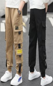 Pantalon de cargaison latérale de ruban adhésif pour enfants khaki pantalon cargo noir pantalon sportif kids pour grand garçon 413 ans lj1688347