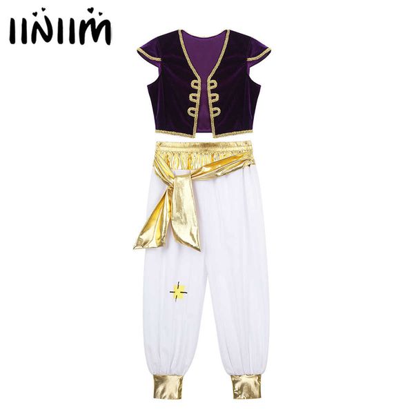 Enfants Garçons Enfants Arabian Prince Lampe Cosplay Costumes Cap Manches Gilet Gilet avec Pantalon Ensemble pour Halloween Fêtes Habiller Q0910