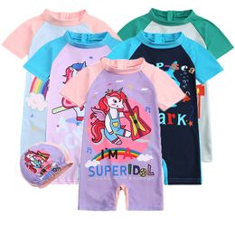 Ropa para niños, sombrero + traje de baño de dinosaurio de unicornio de una pieza para niñas, traje de Bikini, traje de baño novedoso para bebés, conjunto de 2 piezas para jóvenes