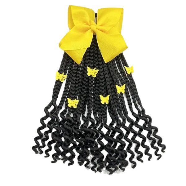 Cola de caballo trenzada para niños con cuentas y lazo, extensión de cabello para niños, cola de caballo con extremo rizado para niñas, accesorios para el cabello para niñas negras