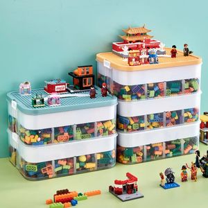 Caja de almacenamiento de bloques de construcción para niños, contenedor de almacenamiento ajustable Compatible con Lego, plástico con asa, rejilla, organizador de juguetes de 2 capas 240130