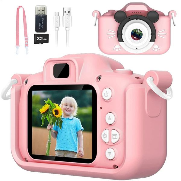 Cámara para niños Cámara de vídeo digital HD para niños pequeños con cubierta de silicona Juguete portátil con tarjeta SD de 32 GB para niña Regalo de cumpleaños de Navidad 240123