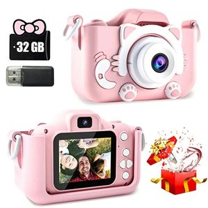 Enfants caméra jouets HD vidéo numérique filles dessin animé Selfie avec 32GB carte SD enregistrement vie anniversaire cadeaux de noël 240131