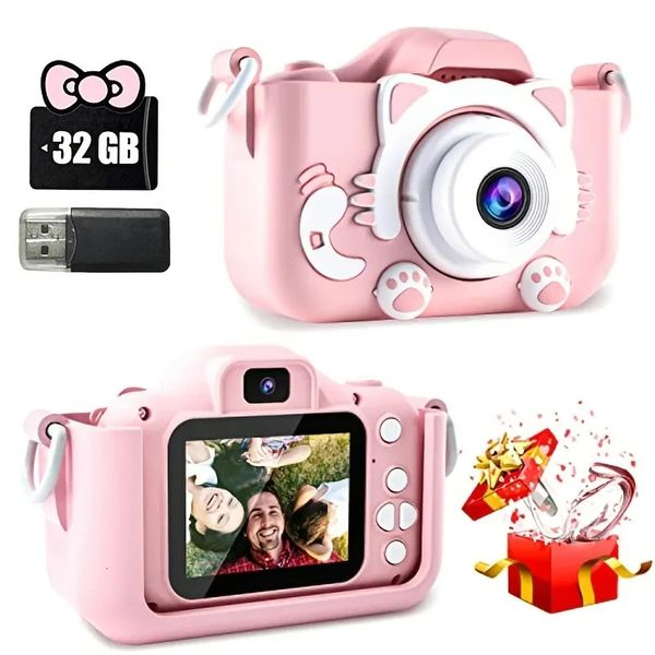 Cámara para niños Juguetes HD Video digital Niñas Dibujos animados Selfie con tarjeta SD de 32 GB Registro de vida Cumpleaños Regalos de Navidad 240131