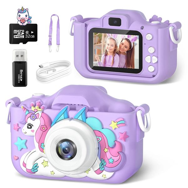 Enfants caméra jouets violet licorne pour filles garçons cadeau enfants numérique 1080P HD 2 pouces écran avec 32GB SD lecteur de jeu de carte 240131