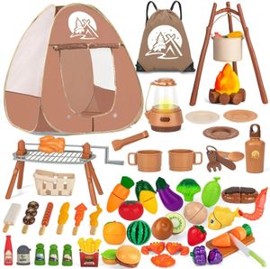 Juguetes para acampar para niños Conjuntos con Tent Campfire Toys BBQ Grill Feating Corte de cocina Juego de alimentos Juego de alimentos al aire libre Regalo 240415