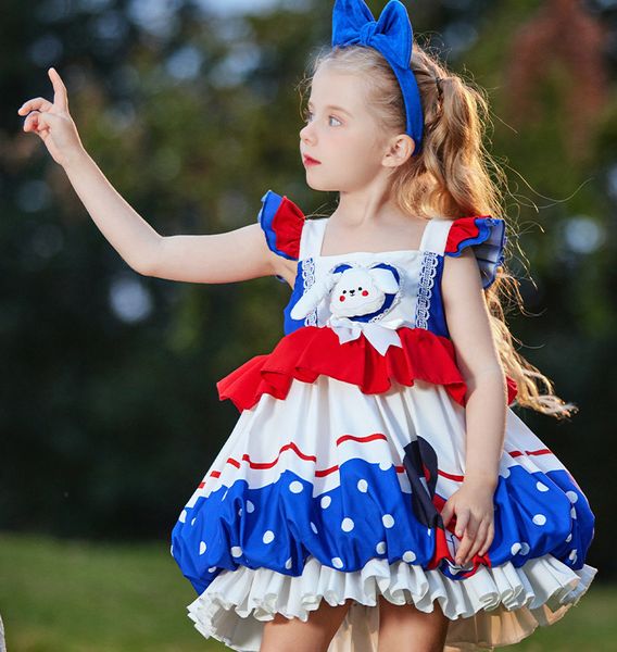 Carton de dessin animé falbala robes à manches à mouche lolita filles pois motif lanterne robe d'été enfants de fête d'anniversaire de fête d'anniversaire z7842