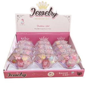 Juego de anillos dulces de dibujos animados para niños Joyas de regalo ajustables en caja Juego de simulación de niña pequeña y accesorios de vestir con caja de corazón de diamante Premio de clase de regalo de Navidad de cumpleaños