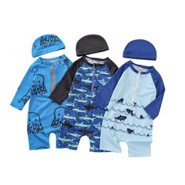 Kindercartoon zwempak jongens walvis octopus geprint een stukken raglan lange mouwen zipper peuter zwemkleding met zwemhoeden 1-6t