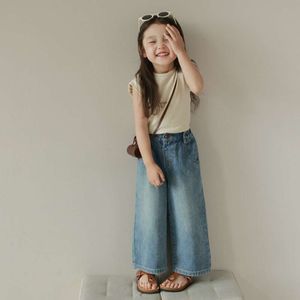 Kids Casual Denim Version coréenne Baggy Pantalon à jambes larges Fashion Fashion All-Match Multi-Pocket Elastic-Waist Jeans 3-8Y