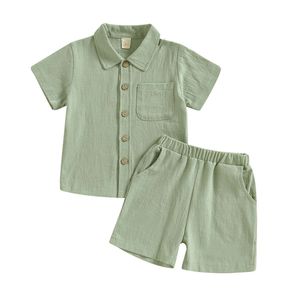 Kindercasual outfit katoen babyjongens kostuum zomerjongens kleding set korte mouw button shirt met elastische taille shorts l2405