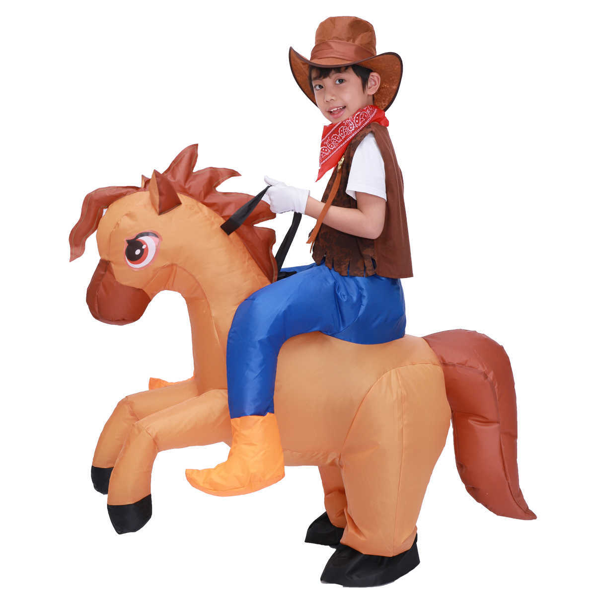 Kids Child Inflatable Horse Costume Cosplay Girls Boys Cowboy Ride Horse Funny Halloween Purim Party Inflated Garment Disfraces Q0910