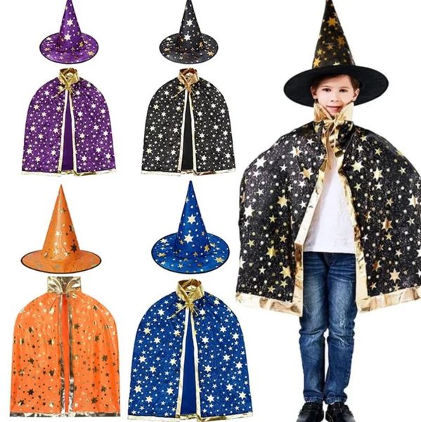 Chapeaux de sorcière d'halloween pour enfants + Cape, chapeau de magicien, Costume de Cosplay, décor de robe fantaisie de fête d'halloween