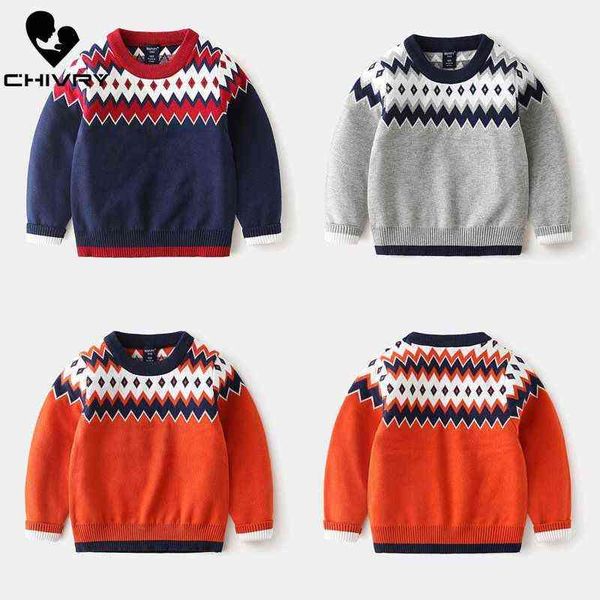 Niños Niños Jersey Suéter Otoño Invierno Niños Niñas Ola Patrón de retales O-cuello Suéteres de punto Tops Ropa para 2-7T 0913