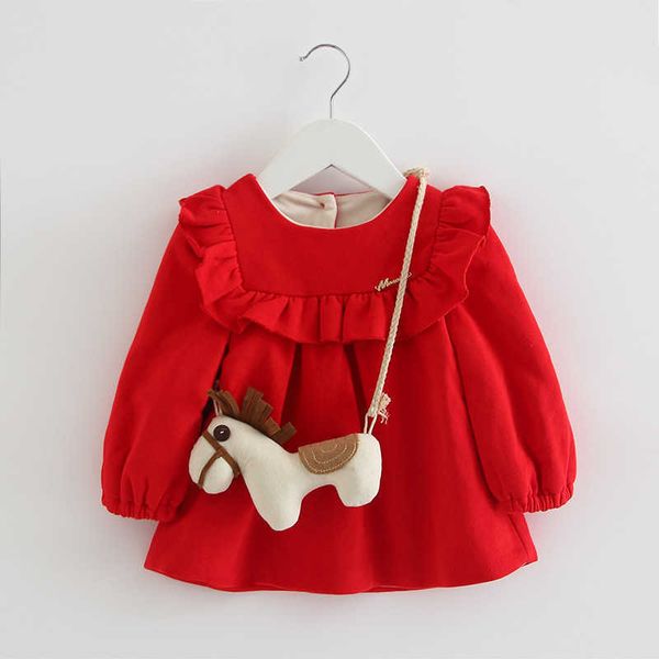 Enfants Noël Rouge Robes pour Fille Corée Princesse Robe Automne Hiver Bébé Année Vêtements Filles 1er Anniversaire Manteau 210615