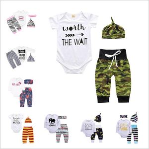 Kinderkleding jongens boutique pakken meisje kleding sets zomer baby mode rompertjes broek hoeden outfits pasgeboren brief print bodysuit broek B4355