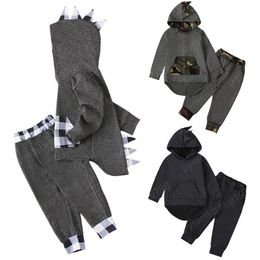 Kinderkleding Jongens Dinosaurus Outfits Kinderen Hooded Tops + Camouflage Plaid Broek 2 stks / sets Mode 2021 Lente Herfst Baby Kleding Sets