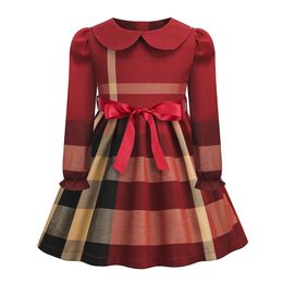 Designer de roupas infantis vestido de bebê menina de manga comprida princesa xadrez vestidos de algodão moda infantil 2-7 anos