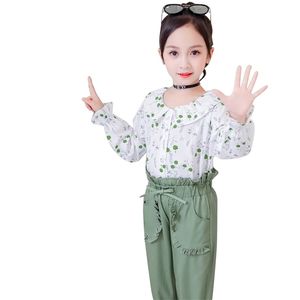 Kinderkleding Floral Blouses Broek Pak voor Meisjes Turn Collar Clothing Sets Herfst Casual Children's Suits 210527