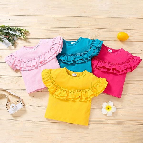 Vêtements pour enfants filles T-shirts en pur coton vierge T-shirts enfants manches à volants couleur unie Tops mode d'été version coréenne vêtements pour bébé