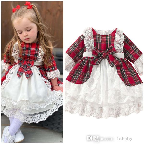 Ropa para niños, vestido de fiesta de Navidad para niñas, manga larga acampanada, adorno de encaje, lazo a cuadros, vestido en capas con volantes, vestidos de princesa para niños