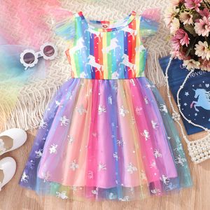 Vêtements pour enfants robes robes d'été volant manche volante mignon arc-en-ciel imprimé tutu jolie mode princesse robe pour 1 à 7 ans l2405