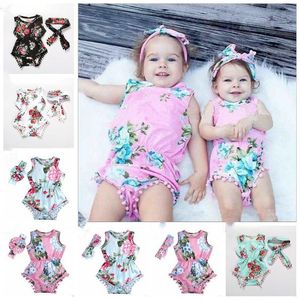 Enfants Vêtements Filles Floral Fleur Costumes Bébé D'été Ins Vêtements Ensembles Boutique Gland Barboteuses Bandeau Onesies Bandeau Tenues CZYQ4947