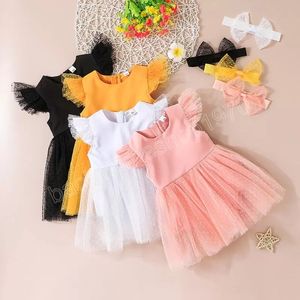 Kinderkleding meisjes kanten mesh vliegende mouw jurk kinderen prinses jurken zomer boetiek mode Koreaanse versie babykleding met hoofdband