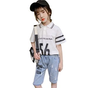 Kinderkleding Meisjes Brief Tshirt + Denim Korte kleding voor zomer trainingspak Casual Style 210528