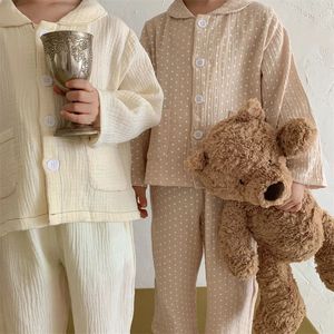 Kinderkleding Meisjes Loungewear Spring katoen garen Polka dot boy pyjama pak voor baby's casual solide jonge kinderen kleding 240408