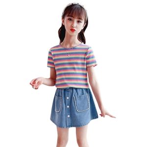 Vêtements pour enfants Filles T-shirt rayé + jupe en jean pour enfants pour l'été adolescent style décontracté enfant 210527