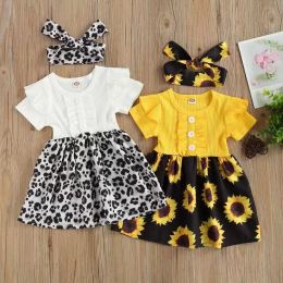 Kinderkleding meisjes zonnebloem luipaard geribbelde jurk kinderen ruches vliegende mouw prinses jurken zomerse mode babykleding