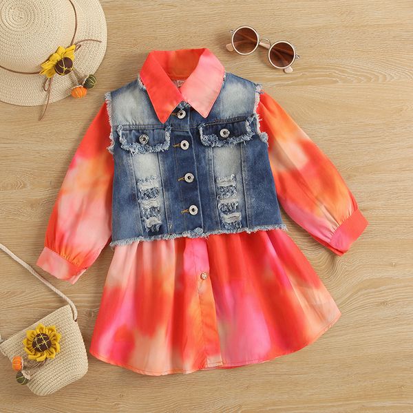 ropa para niños niñas Tie dye Camisa vestido niños princesa Vestidos con chaleco de mezclilla chaleco moda Primavera Otoño Versión coreana Boutique bab