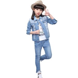 Kinderkleding kant bloem meisjes outfits denim jas + jeans trainingspak lente herfst 210527