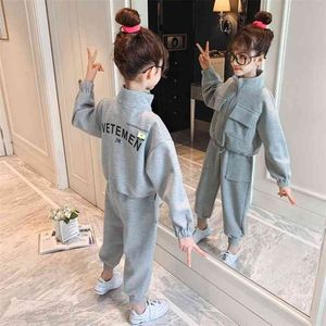 Kinderkleding Set Lente Kinderen Grijs Sportpak Rits Jassen en Effen Kleur Losse Broek Teenage Jogger Sets 4 8 12 14 jaar 210622