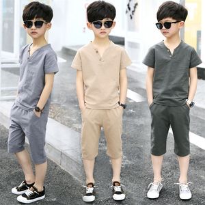 Enfants vêtements ensembles à manches courtes t-shirt pantalon 2 Pc costume enfants costumes à la mode pur coton lin été 4 12 âges 220620