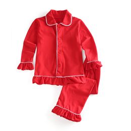 Kinderkleding 100% Katoen Effen Leuke Rode Pyjama Winter met Ruffle Baby Girl Christmas Boutique Home Draag volledige mouw PJ's T191016