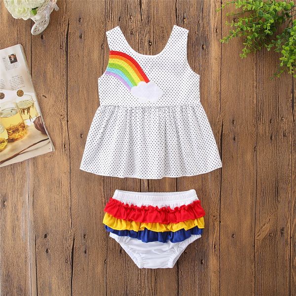 Vêtements pour enfants Motif à pois noirs Ensemble de vêtements pour filles Mode bébé filles arc-en-ciel Hauts sans manche Mini robe + short 2 pièces Tenues pour bébés filles